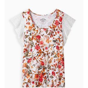 Torrid NWT FLUTTER TOP - SUPER SOFT FLORAL WHITE with lace